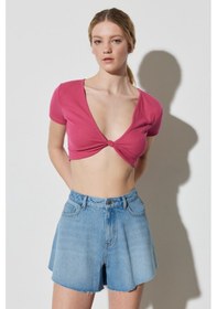 Resim Lee Wrangler Regular Fit Normal Kesim V Yaka Pembe Crop Bluz Pembe 