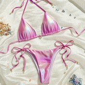 Resim Üçgen Halterneck Bikini Seti, V Yaka Sırt Askılı Yan Açık Sırt Yüksek Kesim İki Parça Mayo, Kadın Mayo 