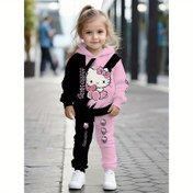 Resim 2 Parçalı Kız Çocuk Takımı - Hello Kitty Pembe-Siyah Patchwork Trend Dijital Baskı Desenli Kapüşonlu Sweatshirt ve Eşofman, Rahat Kumaşlı, Sonbahar/Kış İçin Uygun, Dış Mekan Giyim Hediyesi 