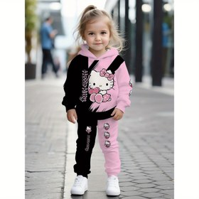 Resim 2 Parçalı Kız Çocuk Takımı - Hello Kitty Pembe-Siyah Patchwork Trend Dijital Baskı Desenli Kapüşonlu Sweatshirt ve Eşofman, Rahat Kumaşlı, Sonbahar/Kış İçin Uygun, Dış Mekan Giyim Hediyesi 