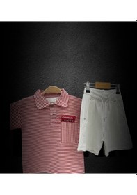 Resim Lolliboomkids Yeni Sezon Kımızı Çizgili Polo Yaka Tshirt Ekru Bermuda Şort Takım 2'li Set Beyaz - Kırmızı 