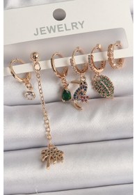 Resim Pirinç Gold Renk Sallantı Zirkon Taşlı Ağaç Figür Kadın Küpe Seti Diğer 