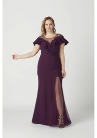 Resim Moda Berray 21923 Mürdüm Yırtmaçlı Işlemeli Şık Büyük Beden Abiye Elbise Mürdüm 