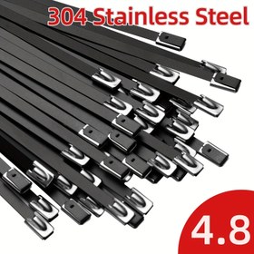 Resim Siya Metal Kablo Bağı 10/50/100 adet 20.07-29.97 cm 304 Paslanmaz Çelik Kaplamalı Kablo Bağı Makine, Araçlar, Çiftlikler, Kablolar, Borular ve Dış Mekan Bağlama için Çok Amaçlı Kendinden Kilitli Kablo Bağı 