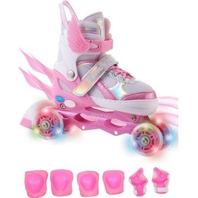 Resim Melek Kanatlı Işıklı Çocuk Pateni Ve Dizlik Seti Silikon Teker Ayarlanabilir Paten Çantalı Pembe Pembe 