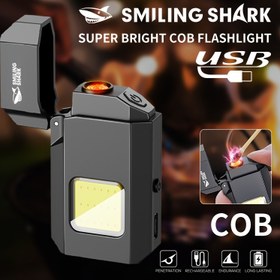 Resim SMILING SHARK Güçlü Şarj Edilebilir -C Hızlı Şarj Rüzgara Dayanıklı & Darbeye Karşı COB El Feneri ve Elektronik Ark Çakmaklı Kibrit - Kompakt Anahtarlık El Feneri ile Uzun Menzilli Işın, Tek Dokunuşla Kontrol, Sayısal Ekrana Benzer Arayüz, Tutma Kolu - Kamp, Balık Avcılığı, Yürüyüş Acil Durum Hazırlığı İçin Taşınabilir Gece Lambası (Dahildir) 