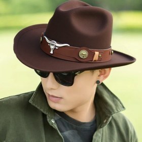 Resim 1 adet Erkekler için Vintage Kovboy Şapkası, Metal Toka ve Tüy Ayrıntılı Şık Kahverengi, Ayarlanabilir Çene Kayışı, Geniş Kenar, Günlük veya Batı Temalı Kıyafetler İçin Mükemmel, Kovboy Aksesuarları 