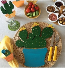 Resim Turkuaz Kaktüs Ahşap Supla - Amerikan Servis - Tabak Altı Çok Renkli 