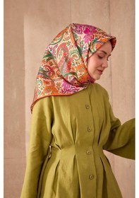 Resim Twill İpek Eşarp 11473-41 Bej, Mor, Turuncu, Yeşil 