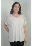 Resim Kadın Omuzu Ve Cebi Dantelli Büyük Beden Bluz-40851 Bej 
