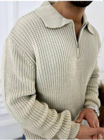 Resim Elku Moda Kazak Oversize Tüylenmez Naturel Pamuk Fermuarlı Polo Yaka Örme Triko Kazak Krem 