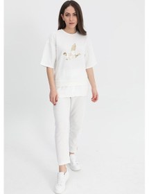 Resim Wpr Takım Eteği Çimalı Kuş Baskılı Beli Lastikli T-shirt Pantolon - Ekru 