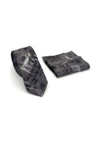 Resim Gaffy Lacivert Desenli Gri Dokuma Kumaş Mendilli Slim Fit Kravat // Sdk-2608-3 Gri 