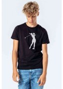 Resim Silhouette Golf Baskılı Unisex Çocuk Siyah Tshirt 