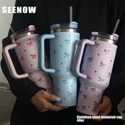 Resim 1 adet 40oz Paslanmaz Çelik Yalıtımlı Seyahat Bardağı Saplı & Pipetli - Kalp & Fiyonk Tasarımı Sızdırmaz Kupa, Pastel Renkler, Spor Salonu, Ofis, Seyahat için Mükemmel, Kadınlar ve Gençler için Hediye, Kahve Seyahat Kupası, Eğlenceli Tasarım 