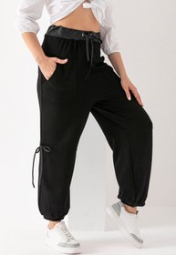 Resim Kadın Siyah Kuşağı Deri Detaylı Manşetli Paça Bol Kesim Pantolon - Siyah / 2XL 