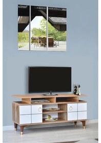 Resim Mega Tv Sehpası Atlantik Çam Beyaz Kapaklı Raflı Gold Detaylı Sehpa 130x36x59 Cm 