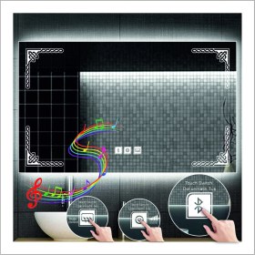 Resim Dnr-Mirror70x100 Cm Beyaz Ledli Tasarım Kumlamalı Dokunmatik Bluetoothlu Buğu Önleyicili Makyaj Banyo Aynası 