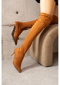 Resim Shoetek Olva Kadın Çizme İnce Topuklu İçten Fermuarlı Streç Taba Süet TABA SÜET 