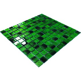 Resim MozaiKristaL Mutfak Tezgah Alnı ve Iç Mekan Dekorasyonları Için Kristal Cam Mozaik. Renk: Yeşil sim-Siyah Efekti. Cam Ölçüsü: 23x23x4 mm. File Ölçüsü: 30x30 cm. ( 1 m2 fiyatıdır ) 