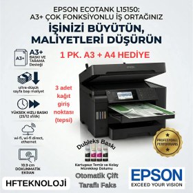 Resim Epson Ecotank Tarayıcı + Fotokopi + Faks Çok Fonksiyonlu Tanklı Mürekkep Püskürtmeli Yazıcı +( 1 Er Pk. A3+A4 HEDİYE)-L15150 
