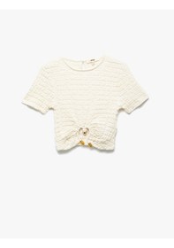 Resim Koton Bürümcük Kumaş Kısa Kollu Bisiklet Yaka Aksesuarlı Crop Tişört Ekru 5sak50463ek Ekru 