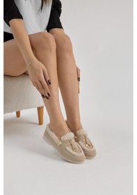 Resim Tonny Black Termo Taban Kürk Detaylı Süet Görünümlü Tokalı Kadın Bej Günlük Loafer Ayakkabı Tbmhh015 Bej 