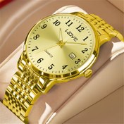 Resim Erkekler için Kuvars Saat - IPX7 Su Geçirmez, Paslanmaz Çelik Kayış, Işıklı El Ayarları, Tek Günlük Takvim, Şık Altın Tonlu Kadran - Resmi ve Günlük Kullanım İçin İş & Klasik Saat - Erkeklere İdeal Hediye, Profesyonel Zaman Ölçer, Klasik Yuvarlak Kasa, Dayanıklı Bileklik Bandı, Ofis Aksesuarı 