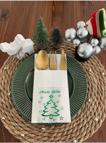 Resim Yeşil Yaldızlı Beyaz Mutlu Yıllar Cepli Aır Touch Peçete 12 Lı 40x40 