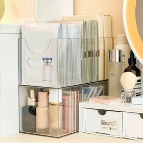 Resim 1 adet maske saklama kutusu, beş bölmeli geniş kapasiteli kozmetik saklama kutusu, banyo makyaj rafları, bölümlü kozmetik depolama, açık bej bakım ürünleri ve maskeler için, tuvalet masaları ve banyolar için uygun, Banyo Makyaj Organizatörü, Tuvalet Masası Düzenleyici 