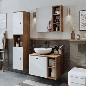 Resim Lavabolu Banyo Dolabı 3lü Set - Lotus - 95 CM / Atlas Çam-Antrasit 