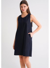 Resim Mixray 4691 Kadın Bisiklet Yaka Midi Boy Denim Elbise Lacivert 