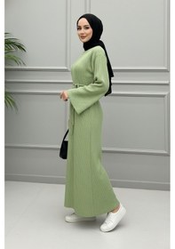 Resim Defymoda Kadın Açık Yeşil Ribanalı / Fitilli Uzun Tesettürlü Kışlık Elbise - Çan Kol Detaylı Astarlı/örme Yeşil 