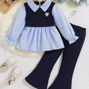 Resim 2 adet Kızlar Sonbahar ve Kış Derin Mavi ile Hafif Mavi Çizgili Uzun Kollu Yaka Kalp Nakış Desen Üst ve Düz Renk Flare Pantolon Rahat Set, Dış Mekanlar İçin Mükemmel 