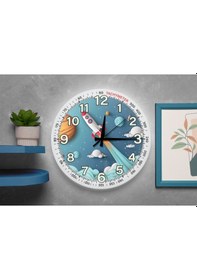 Resim Uzay Ve Roket Temalı Sessiz Mekanizma Duvar Saati Çocuk Odası Dekoratif Mavi 