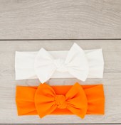 Resim Babygiz El Yapımı Yumuşak Fiyonk Bağlamalı Doğal Pamuklu Penye 2'li Bebek Çocuk Kız Bandana Beyaz Turuncu 