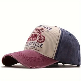 Resim Vintage Motosiklet Baskı Beyzbol Kapağı - Yıpranmış İki Tonlu Tasarım, Ayarlanabilir Snapback, Hafif Polyester, Bisiklet ve Rahat Giyim için Dış Mekan Güneş Şapkası, Motosiklet Aksesuarları, Bisiklet Ekipmanı, Klasik Stil, Dokulu Kumaş 