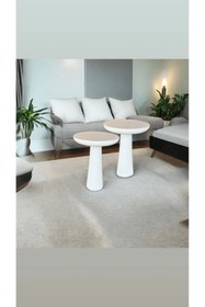 Resim Simillo Home&Living Wood Wooden Ahşap 2’li Set Fitilli Mantar Beyaz Yan Sehpa Modern Fiskos / Çiçeklik 