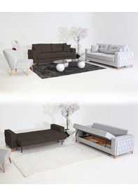 Resim Nola Koltuk Takımı 3+3+1+1 & Bazalı Yataklı Koltuk & Kanepe - Keten Gri-koyu Kahverengi 