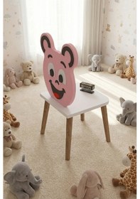 Resim Çocuk Sandalyesi Happy Face Ahşap Ayaklı, Sevimli Figürlü Pembe 