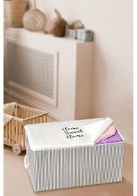 Resim Home Sweet Home Baskılı Gri Çizgili Mega Boy Baza Altı Kazak Pike Battaniye Hurcu 74x46x46 Çok Renkli 