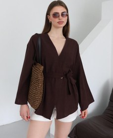 Resim Laluvia Kahverengi Düğme Detaylı Kemerli Kimono - 005 