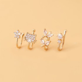 Resim 4 Parça Kedi, Çiçek ve Kelebek Burun Yüzüğü Seti - Ayarlanabilir Sentetik Taşlı Parlak Tasarım, Delme Gerektirmez, Günlük Kullanım veya Özel Günler İçin Şık Vintage Stil, Aile ve Arkadaşlar İçin Mükemmel Şükran Hediyesi 