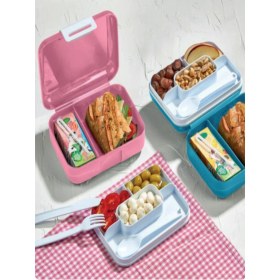 Resim Mavi Katlı Bölmeli Kilitli Saklama Kutusu ve Kaşık Seti, Okul ve Ev Için Uygun 