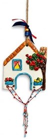 Resim El Yapımı Seramik Asmalık Süs Ev, Kırmızı ve Beyaz, 14x13 cm, Dekoratif Duvar Süsü 