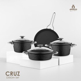 Resim Amboss Cruz Payrex Cam Kapaklı Fırına Girebilen Granit Döküm 7 Parça Siyah Tencere Seti 