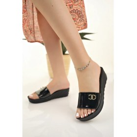 Resim Kadın Dolgu Topuk Terlik Siyah Yüksek Taban Düğün Nişan Mezuniyet Ofis Iş Günlük Terlik 