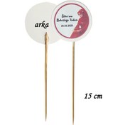 Resim 15 Cm Uzun Kürdan - 20 Adet Kişiye Özel Yuvarlak Bayraklı Kına Hatırası Pasta Kürdanı -3 