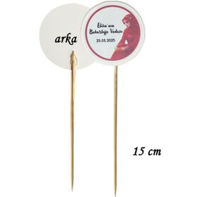 Resim 15 Cm Uzun Kürdan - 20 Adet Kişiye Özel Yuvarlak Bayraklı Kına Hatırası Pasta Kürdanı -3 