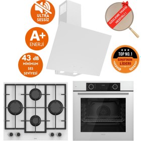 Resim Ferre FryArt & FlowArt Luno Sessiz Davlumbazlı Beyaz Cam Ankastre Set ( D078-SA + LN386 + XE63CB ) 